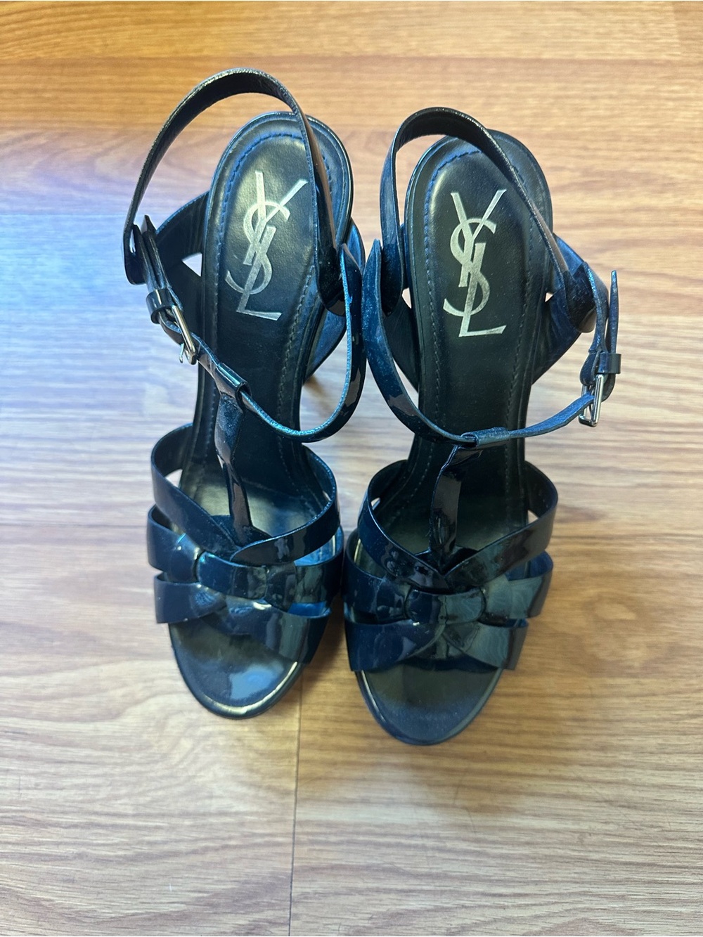 Yves Saint Laurent Navy Patent Leather Strappy Sandal Heels